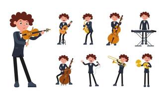 Cheerful cartoon musician playing various instruments in a lively performance vector