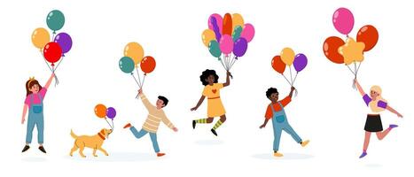 Children and a dog enjoying a colorful balloon celebration in a cheerful setting vector