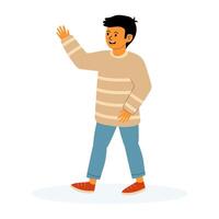Young boy waving happily while strolling in a cheerful atmosphere vector