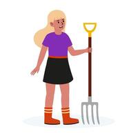 Girl in boots smiling while holding a garden fork on a vibrant farm background vector