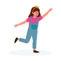 Young girl joyfully dancing in playful outfit with cheerful expression indoors vector
