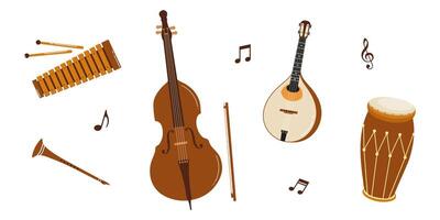 Various musical instruments displayed in a creative arrangement with notes around them vector