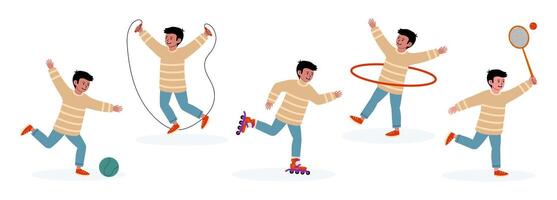 Child engaging in playful activities indoors including skipping, skating, and hula hooping vector