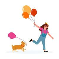 Girl running joyfully with balloons and a corgi in a playful outdoor setting vector
