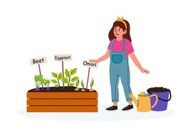 Young gardener tending to a vegetable patch with beet, eggplant, and onion labels vector