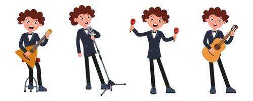 Young musician performing with various instruments at a lively event in the evening vector