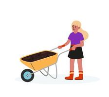 Young girl with wheelbarrow transporting soil in a garden setting during daylight vector