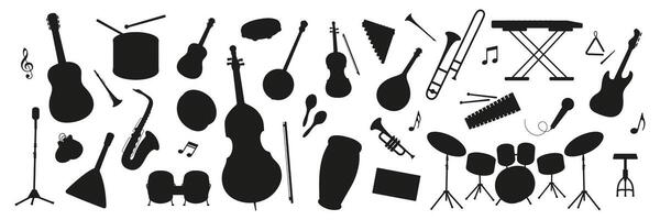 Musical instruments and notes in a creative black silhouette arrangement vector