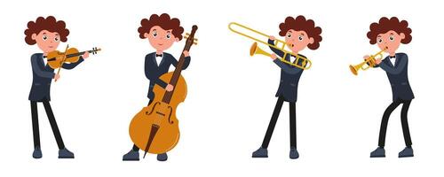 Young musician playing various instruments at a lively music event in a vibrant atmosphere vector