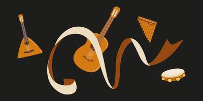 Traditional musical instruments floating in creative arrangement on dark background vector