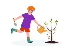 Child watering a young tree while enjoying gardening on a sunny day vector