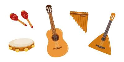 Collection of traditional musical instruments displayed on a white background vector