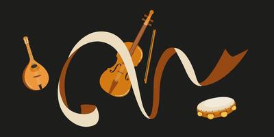Musical instruments arranged with ribbons in a creative artistic design on a black background vector