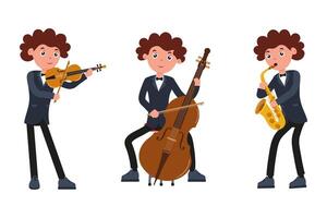 Young musicians perform different instruments in a lively musical showcase event vector