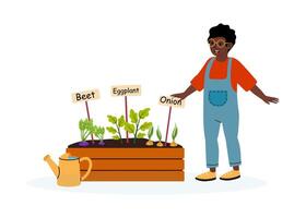 Gardening enthusiast tending to vegetables in a community garden during a sunny afternoon vector