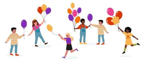 Friends celebrate joyfully with colorful balloons at a festive gathering in bright surroundings vector