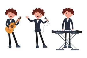 Musical performer showcases talent through various instruments and singing on stage vector