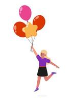 Happy child running with colorful balloons at a cheerful outdoor celebration vector