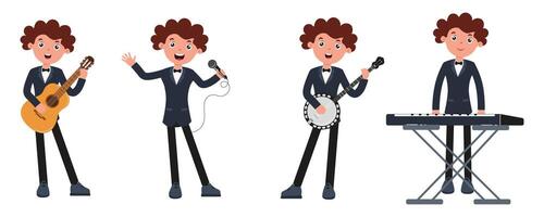 Young musician performing with various instruments in a playful and colorful style vector