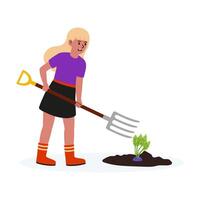 Girl using a garden fork to plant seedlings in soil during a sunny day outside vector