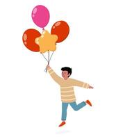 Child running joyfully while holding colorful balloons in a playful atmosphere vector