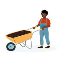 Person pushing wheelbarrow filled with soil in a gardening setting during daylight hours vector