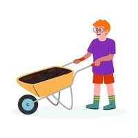 Young boy using a wheelbarrow to transport soil in a garden setting during daylight vector