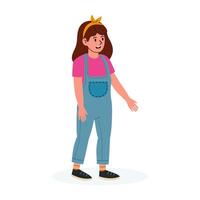 Young girl in casual outfit smiling and standing with one hand raised vector
