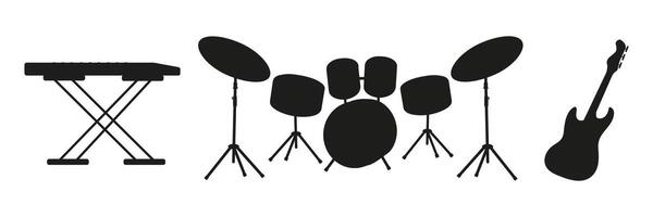 Musical instruments in silhouette showing a keyboard, drums, and guitar setup vector