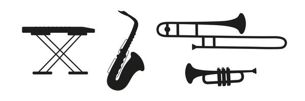 Musical instruments including keyboard, saxophone, trombone, and trumpet displayed together vector