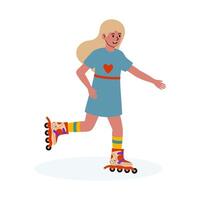 Girl roller skating in colorful outfit on a bright and cheerful background vector