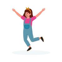 Young girl joyfully jumping in a playful pose on a bright background vector