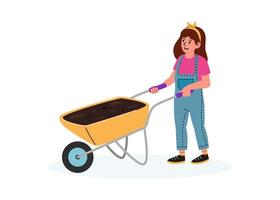 Child gardening with a wheelbarrow filled with soil in a playful setting vector