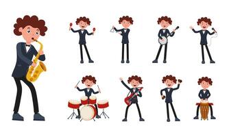 Young musician performing various instruments on a colorful stage backdrop vector