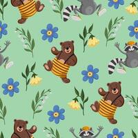 Seamless pattern with cute animals and flowers vector