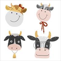 Isolated faces of funny cows on a white background, vector
