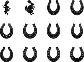 Rabbit and Horseshoe Design Set Black and White Illustrations vector