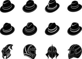 Stylish Fedora Hats and Medieval Helmet Icons Design Set vector