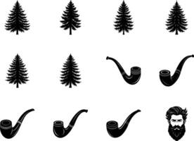 Elegant Black and White Pine Tree and Smoking Pipe Design Set vector