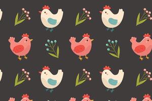 A pattern of chickens and flowers. illustration in flat style. vector