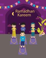 Flat Design Ramadan Kareem Poster with Lanterns and Crescent Moon vector