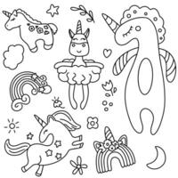 Cartoon unicorns in black line on white background, children's pattern with animals vector