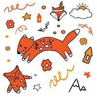 A charming seamless pattern featuring three adorable orange foxes, whimsical mushrooms, cozy forest houses, and playful doodle-style elements. vector