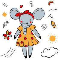 Cartoon gray elephant in a yellow dress and with a red bow, elephant in doodle style for children's print vector