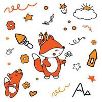 A seamless pattern featuring two adorable orange foxes, whimsical mushrooms, and fairy tale houses, all drawn in a playful doodle style. vector