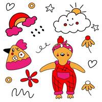 A charming seamless pattern featuring yellow chickens, rainbows, flowers vector
