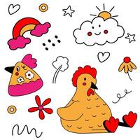 A charming seamless pattern featuring yellow chickens, rainbows, flowers, clouds, hearts, and stars in a playful doodle style. vector