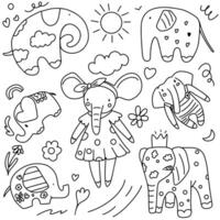 Cartoon elephants in black line on white background, children's pattern with animals vector