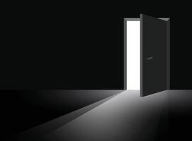 An open door in a dark room with light coming from it vector