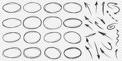 A set of different hand drawn circles and arrows vector